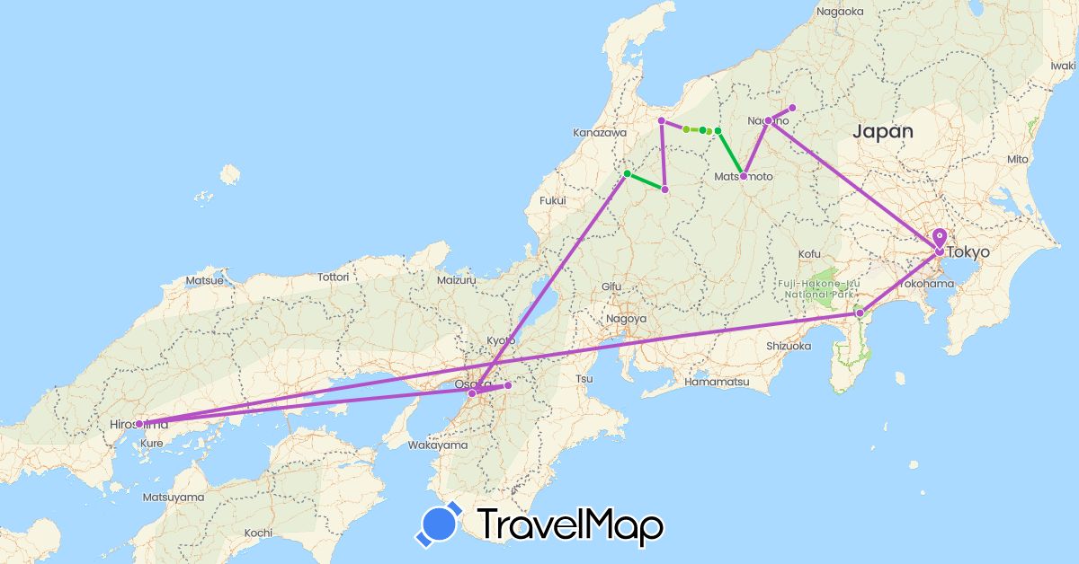 TravelMap itinerary: driving, bus, train, hiking, electric vehicle in Japan (Asia)